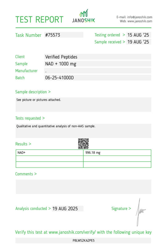 NAD Certificate of Analysis Lab Test Report August 2025