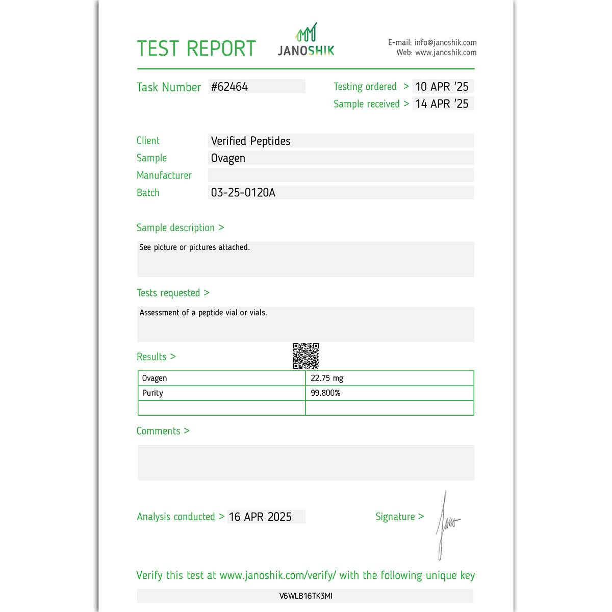 Ovagen Lab Report Test April 2025