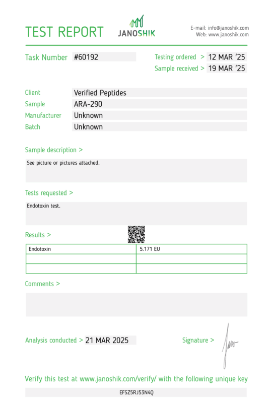 ARA-290 Endotoxin Test Report March 2025