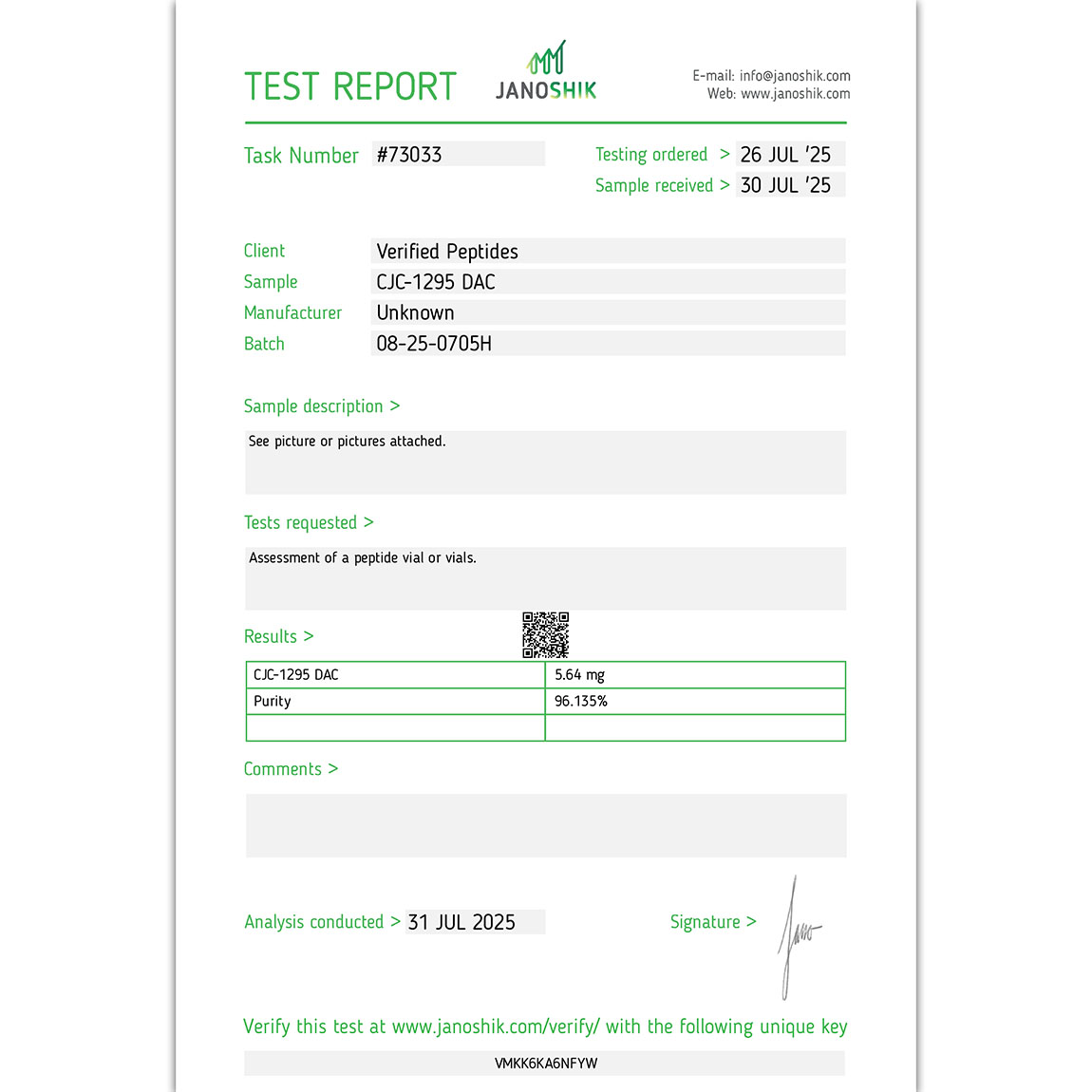 CJC-1295 DAC Certificate of Analysis Lab Test Report July 2025