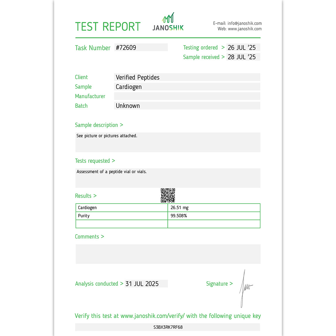 Certificate of Analysis Lab Test Report July 2025 for Cardiogen Peptide