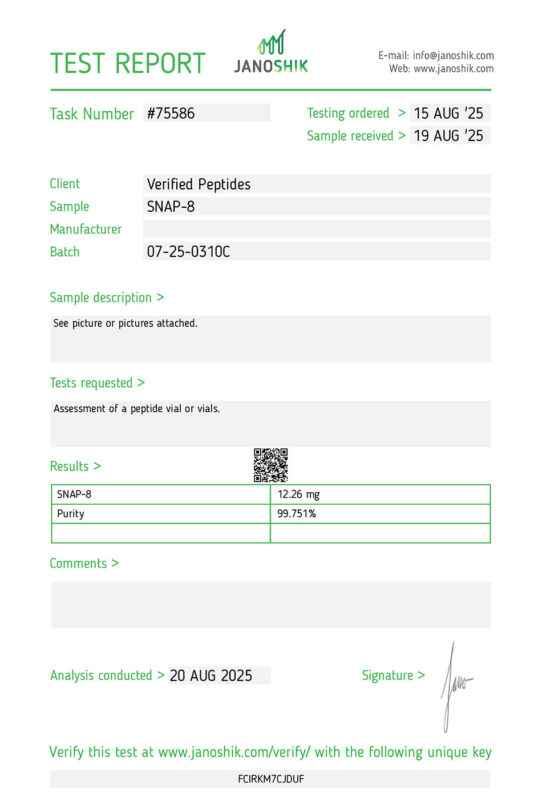 Purity Certificate of Analysis Lab Test Report For SNAP-8 Peptide August 2025
