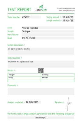 Certificate of Analysis Lab Test Report August 2025 for Testagen Peptide
