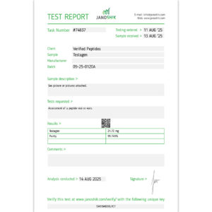 Certificate of Analysis Lab Test Report August 2025 for Testagen Peptide