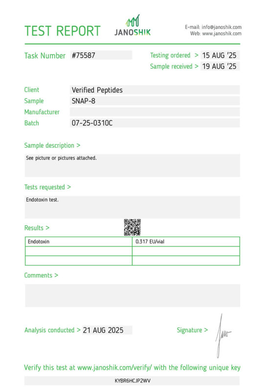 SNAP-8 Endotoxin Certificate of Analysis Lab Test Report August 2025