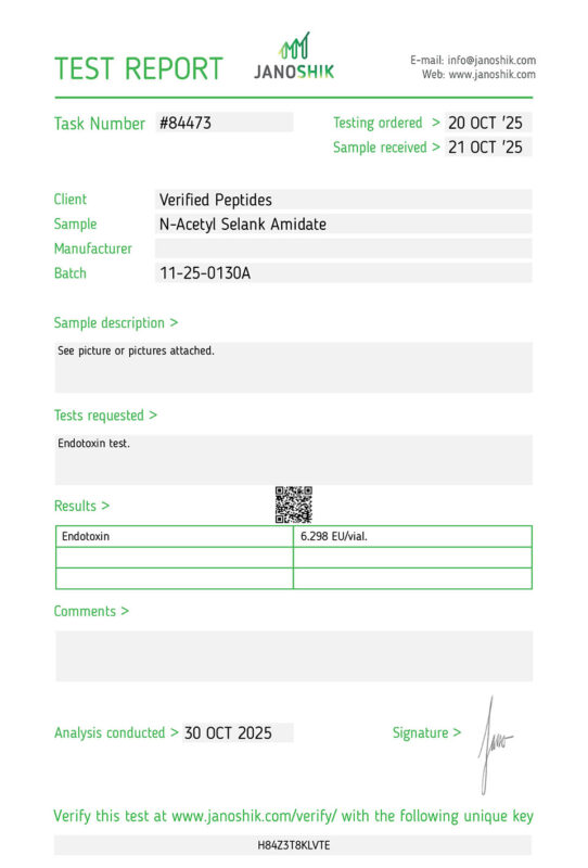 N-Acetyl Selank Amidat Peptide Endotoxin Certificate of Analysis Lab Test Report October 2025