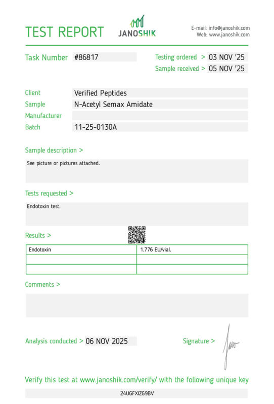 N-Acetyl Sem@x Am Peptide Endotoxin Certificate of Analysis Lab Test Report October 2025
