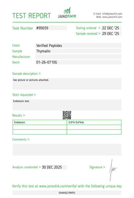 Thymalin Peptide Endotoxin Certificate of Analysis Lab Test Report December 2025