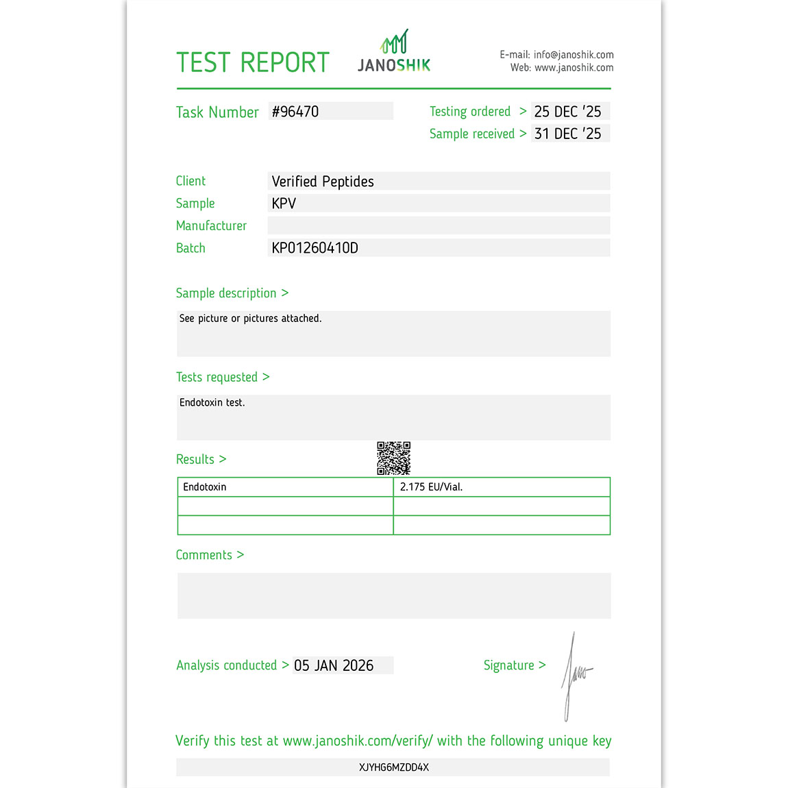 KPV Peptide Endoxotin Certificate of Analysis Lab Test Report January 2026 sq