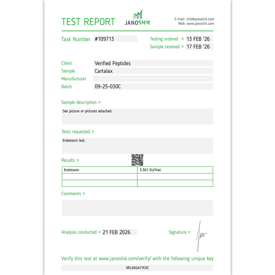 Cartalax Peptide Endotoxin Certificate of Analysis Lab Test Report February 2026