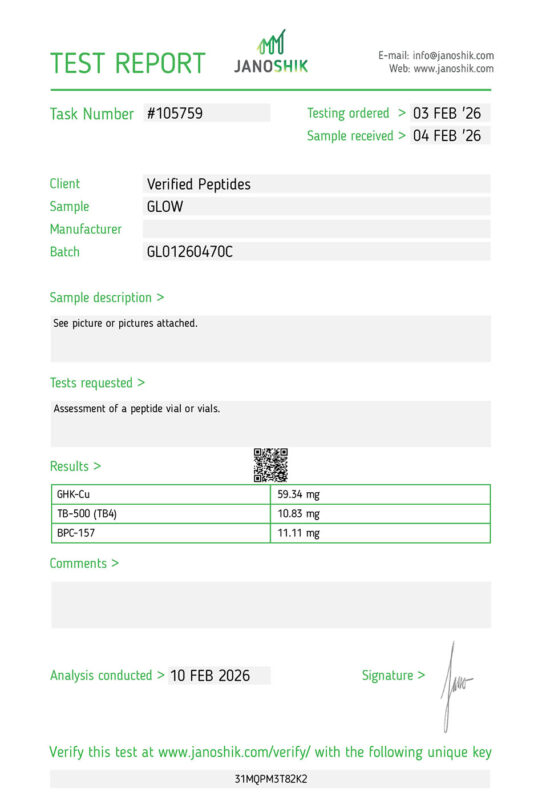 GLOW Peptide Certificate of Analysis Lab Test Report February 2026