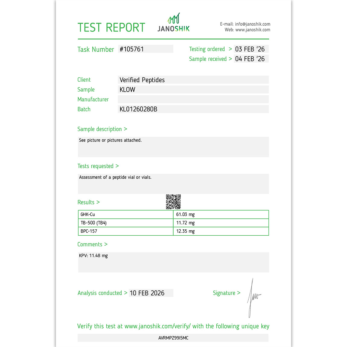 KLOW Peptide Purity Certificate of Analysis Lab Test Report February 2026
