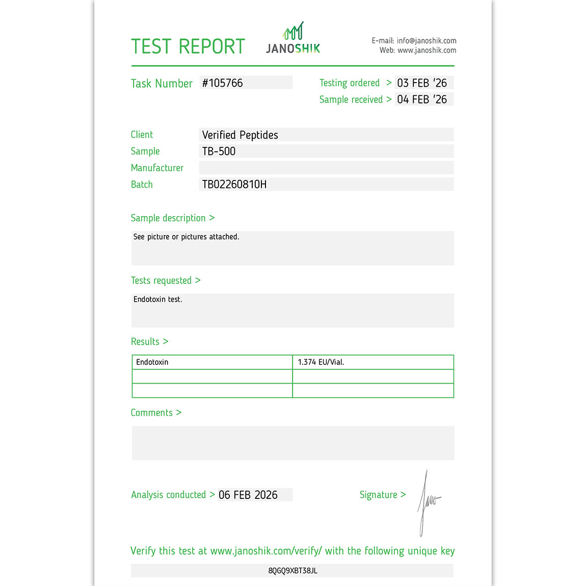 TB-500 Peptide Endotoxin Certificate of Analysis Lab Test Report February 2026