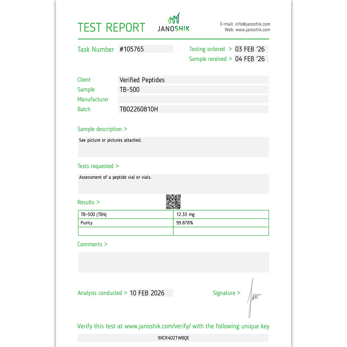 TB-500 Peptide Purity Certificate of Analysis Lab Test Report February 2026