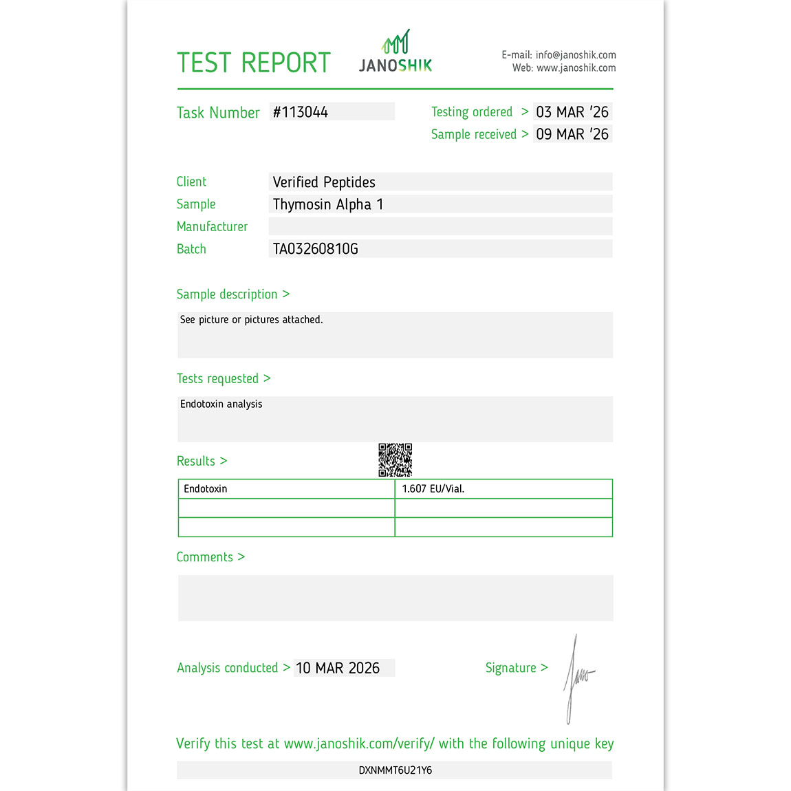 Thymosin Alpha-1 Peptide Endotoxin Certificate of Analysis Lab Test Report March 2026