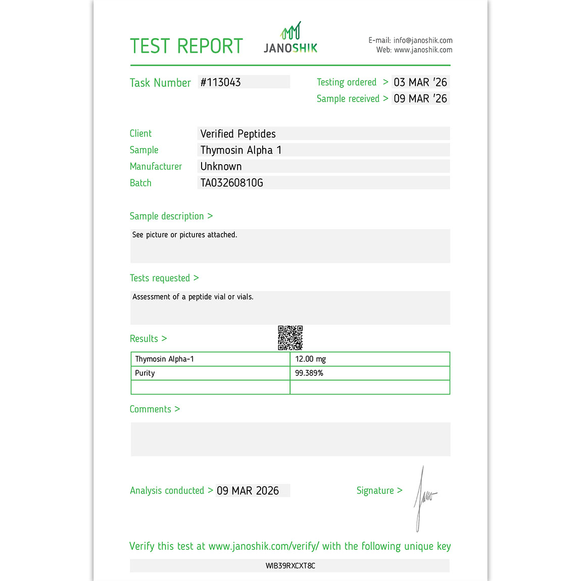 Thymosin Alpha-1 Peptide Purity Certificate of Analysis Lab Test Report March 2026